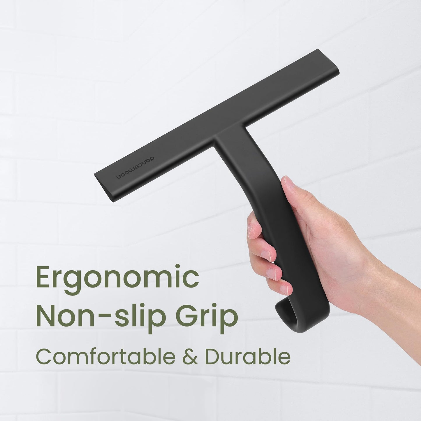 dancemoon JustHang Shower Squeegee for Glass Doors, All-One-Piece Award-Winning Silicone Squeegee with Built-in Hook for Bathroom, Window, Mirror