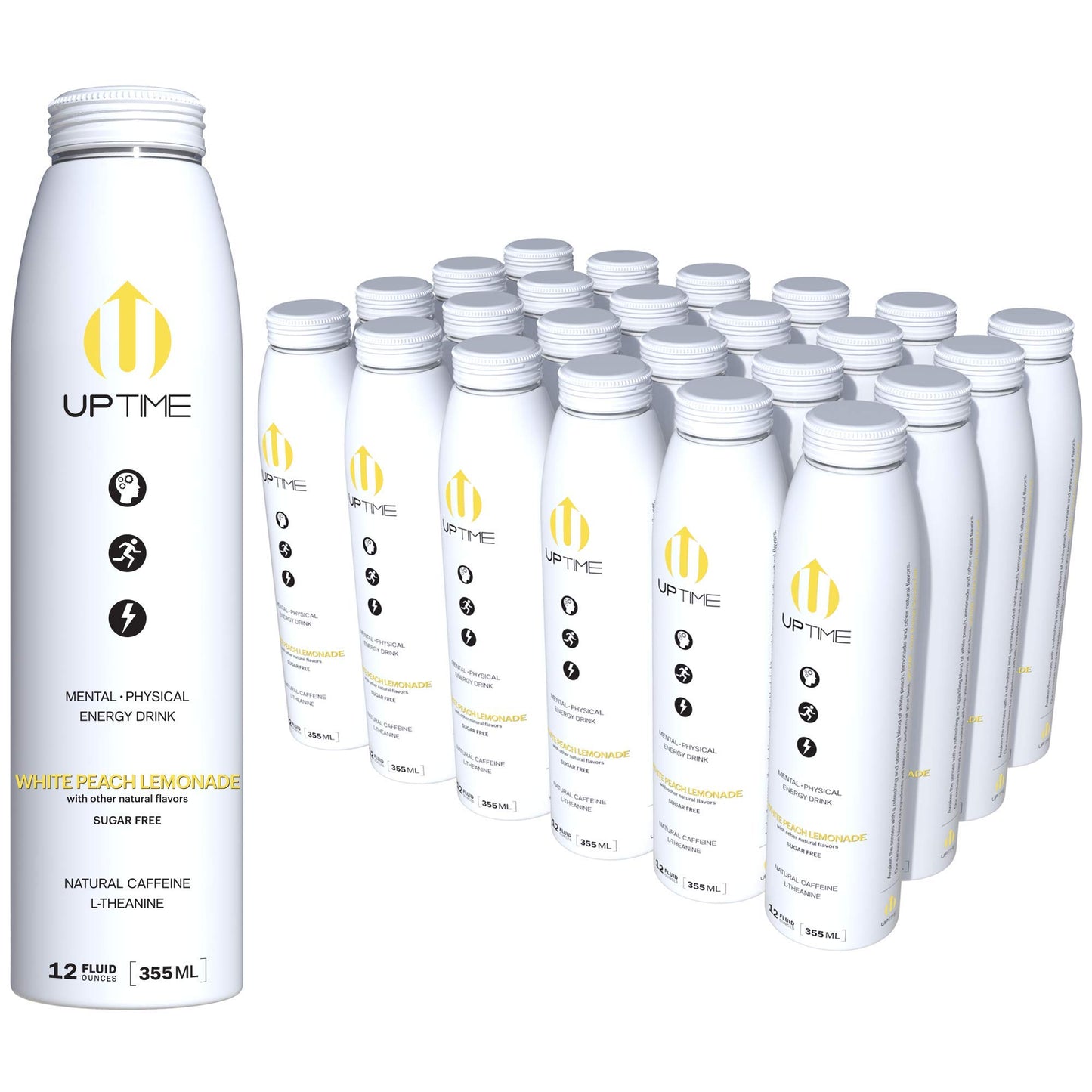 UPTIME - Premium Energy Drink, White Peach Lemonade - Sugar Free, 12oz Bottles, (Case of 24), Better for You, Natural Caffeine, Sparkling