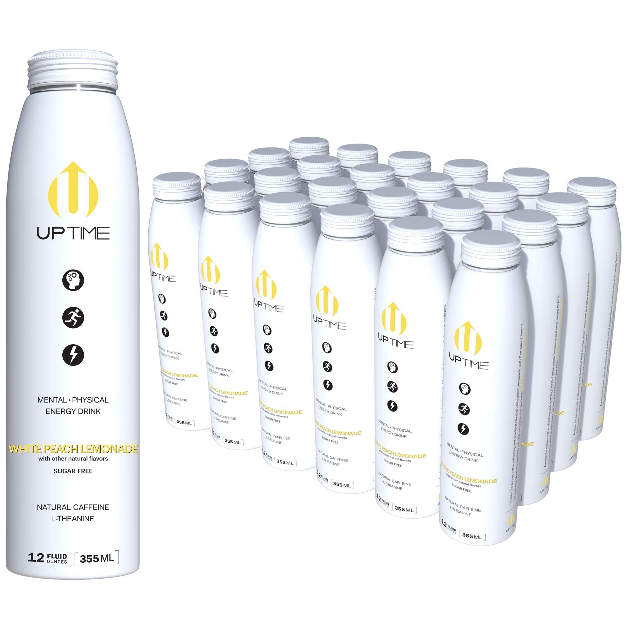 UPTIME - Premium Energy Drink, White Peach Lemonade - Sugar Free, 12oz Bottles, (Case of 24), Better for You, Natural Caffeine, Sparkling