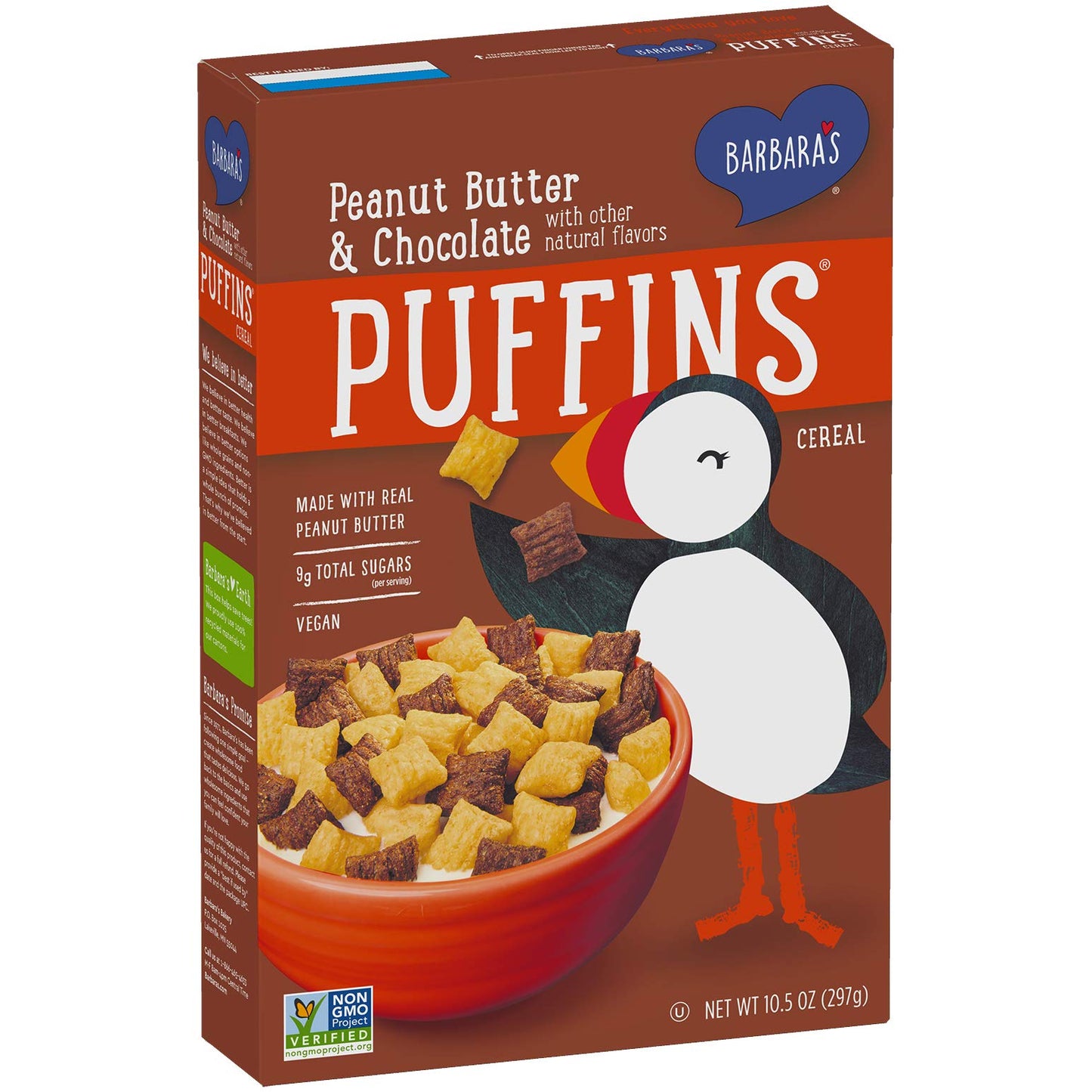 BARBARA'S Puffins Peanut Butter and Chocolate Cereal, Non-GMO, Vegan, 10.5 Oz Box (12 Count)