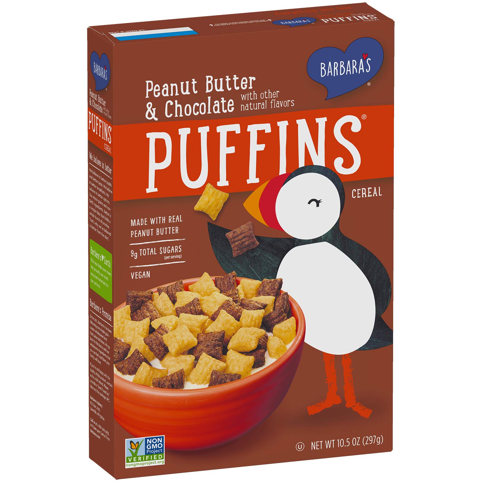 BARBARA'S Puffins Peanut Butter and Chocolate Cereal, Non-GMO, Vegan, 10.5 Oz Box (12 Count)