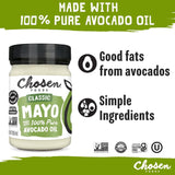 Chosen Foods Classic Mayo, 12 Fl Oz - 100% Pure Avocado Oil-Based Mayonnaise - Non-GMO, Gluten-Free, Keto Friendly - 355mL Glass Jar (Pack Of 1)