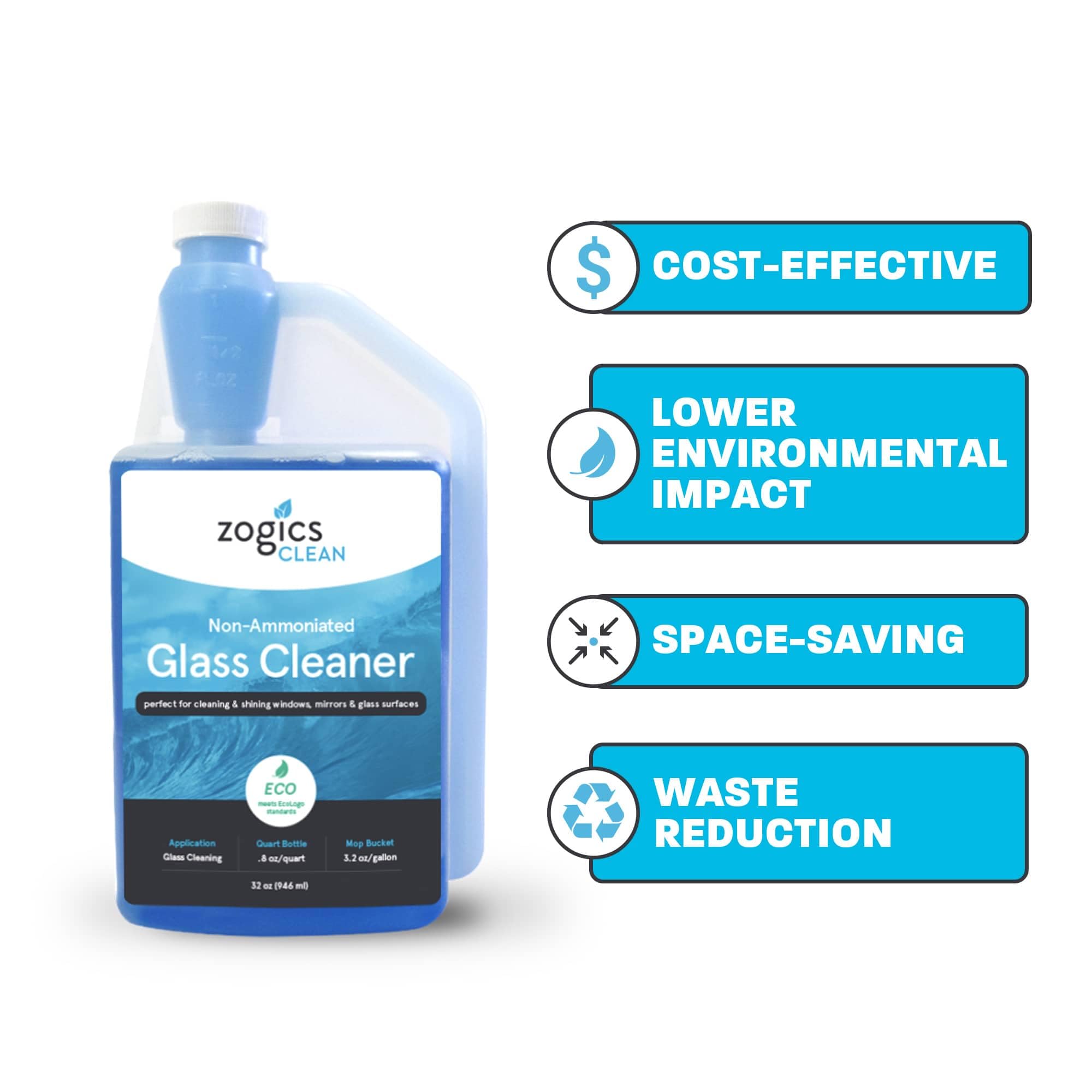 Zogics Non-Ammoniated Glass Cleaner Concentrate - Case of 6-32 oz Bottles - Each Bottle Makes up to 10 Gallons - Meets ECOLOGO Standards