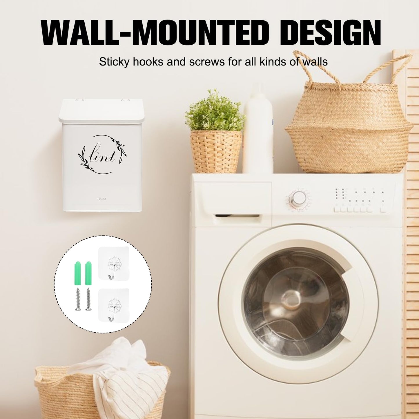 Holismo Magnetic Lint Bin for Laundry Room, Metal Lint Trash Can with Lid for Dryer, Wall Mounted Lint Holder Box with Lint Brush, Modern Farmhouse