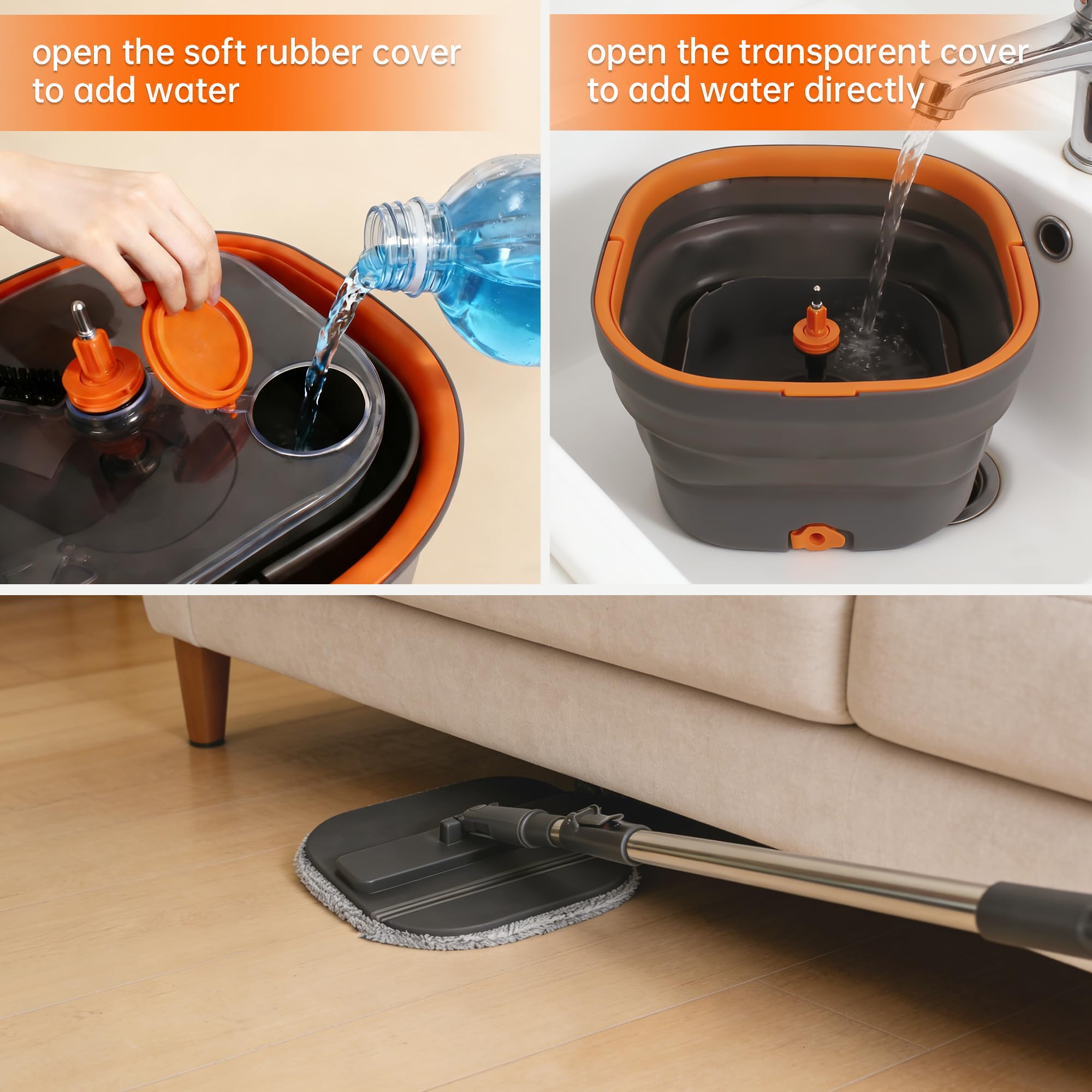 Collapsible Mop and Bucket Set, Spin Mop with Separate Dirty and Clean Water, 6 Replaceable Mopping Pads with Foldable Handle, Deep Cleaning Mops
