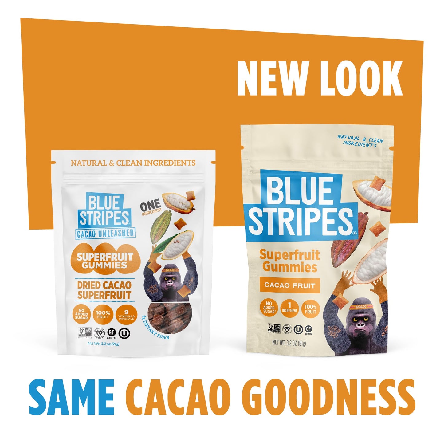 Blue Stripes Cacao Superfruit Gummies - Vegan Chewy Fruity Snack, No Sugar Added 100% Fruit Gummy, 9 Essential Vitamins & Minerals, Natural Tropical