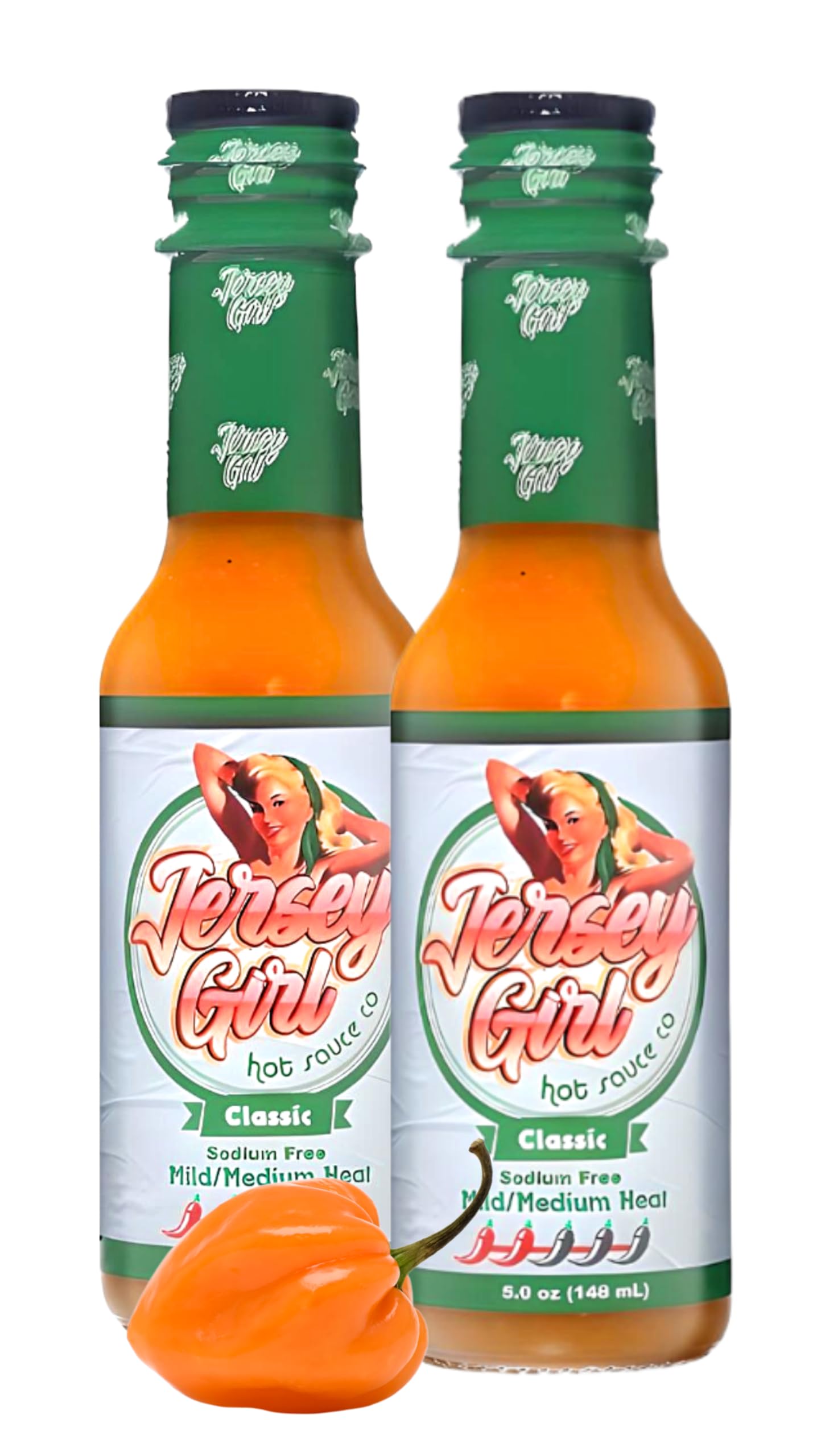 Jersey Girl Habanero Hot Sauce (No Added Salt/Naturally Sodium Free) 5oz (Classic, Pack of 2) - Clean Ingredients.