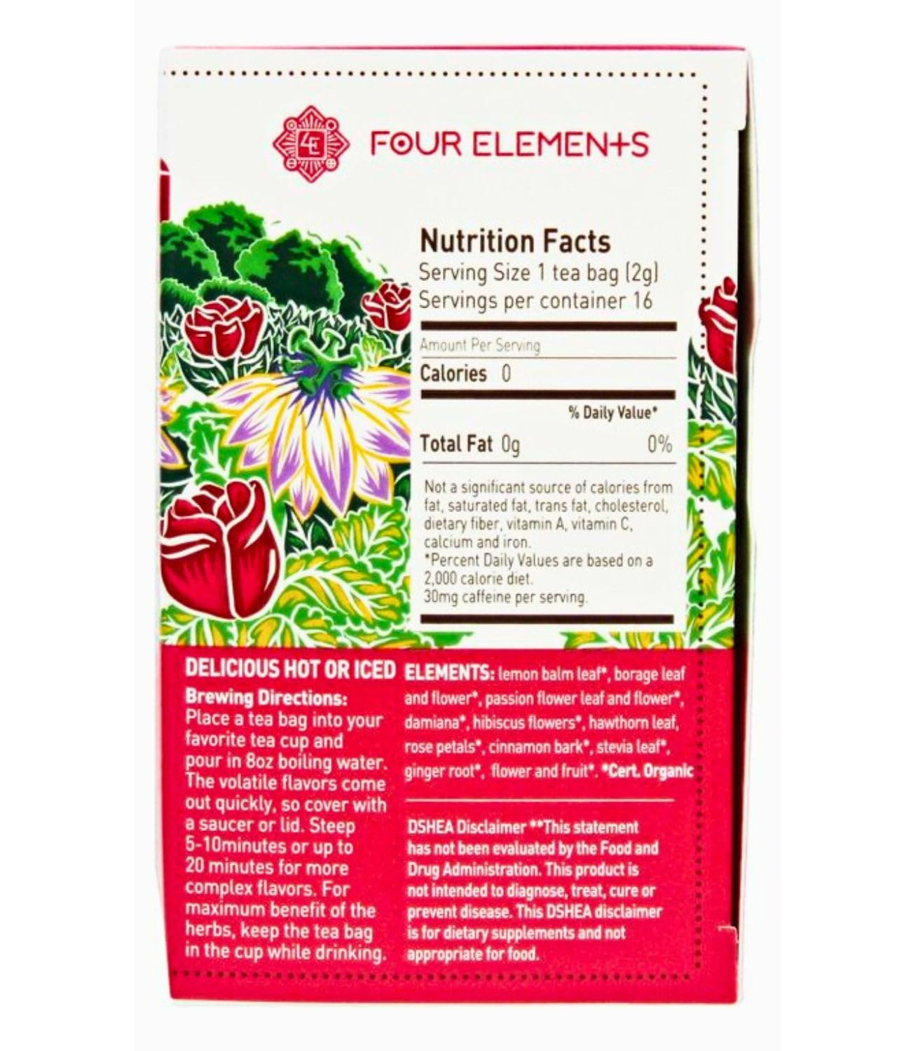 Four Elements 4E Joy, Love & Passion Tea, Blended deliciously with Lemon Balm, Passionflower, Roses, 100% Organic Herbal Caffeine-free Tea, 16