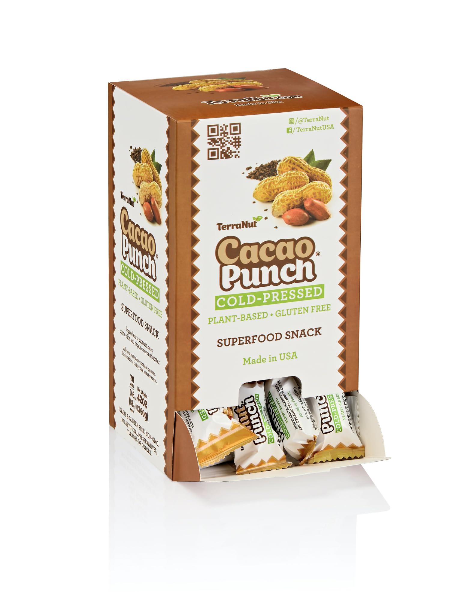 TerraNut Cacao Punch Superfood Power Snack - Cold Pressed - Plant Based - Gluten Free- Superfood Snack - Dispenser Box - 70 Count