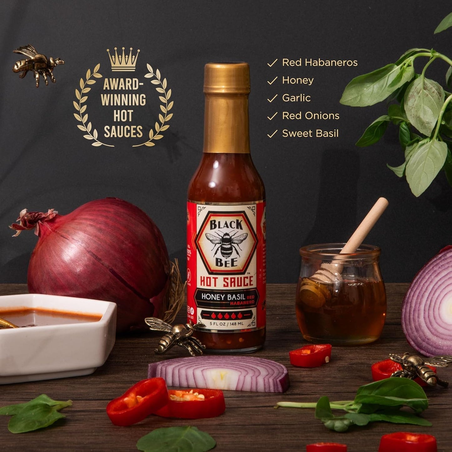Black Bee The Original 4 Hot Sauce Gift Set (4 Pack) - Citrus Thyme Jalapeño, Pineapple Coconut Habanero, Apple Rosemary & Honey Basil Red Habanero