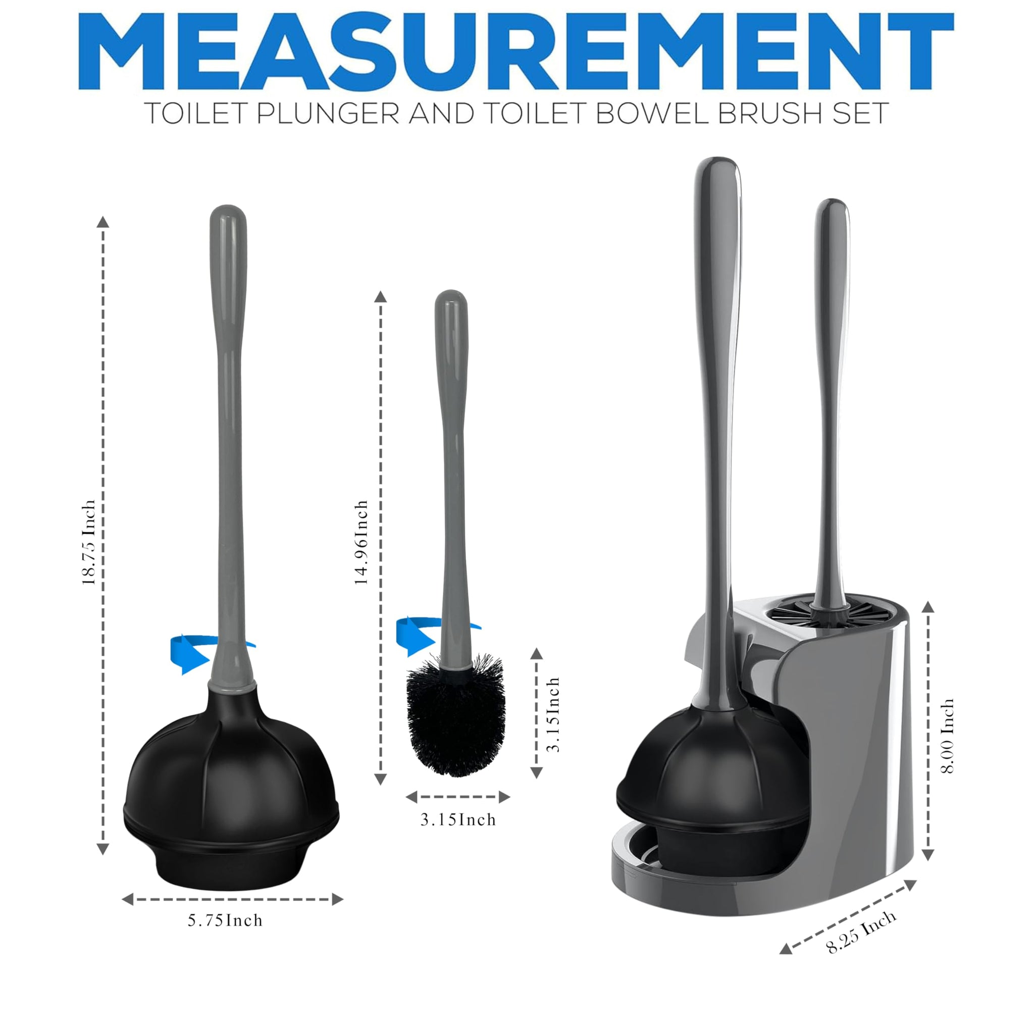 2 in 1 Toilet Brush and Plunger Set - Toilet Brush with Solid Handle, Stand and Holder for Deeply Cleaning in Bathrooms - Plastic Toilet Brush