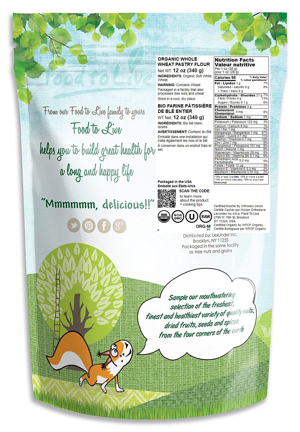 Food to Live Organic Whole Wheat Pastry Flour, 12 Ounces - Non-GMO, Finely Ground, Unbleached, Unbromated, Vegan, Kosher, All Natural, No