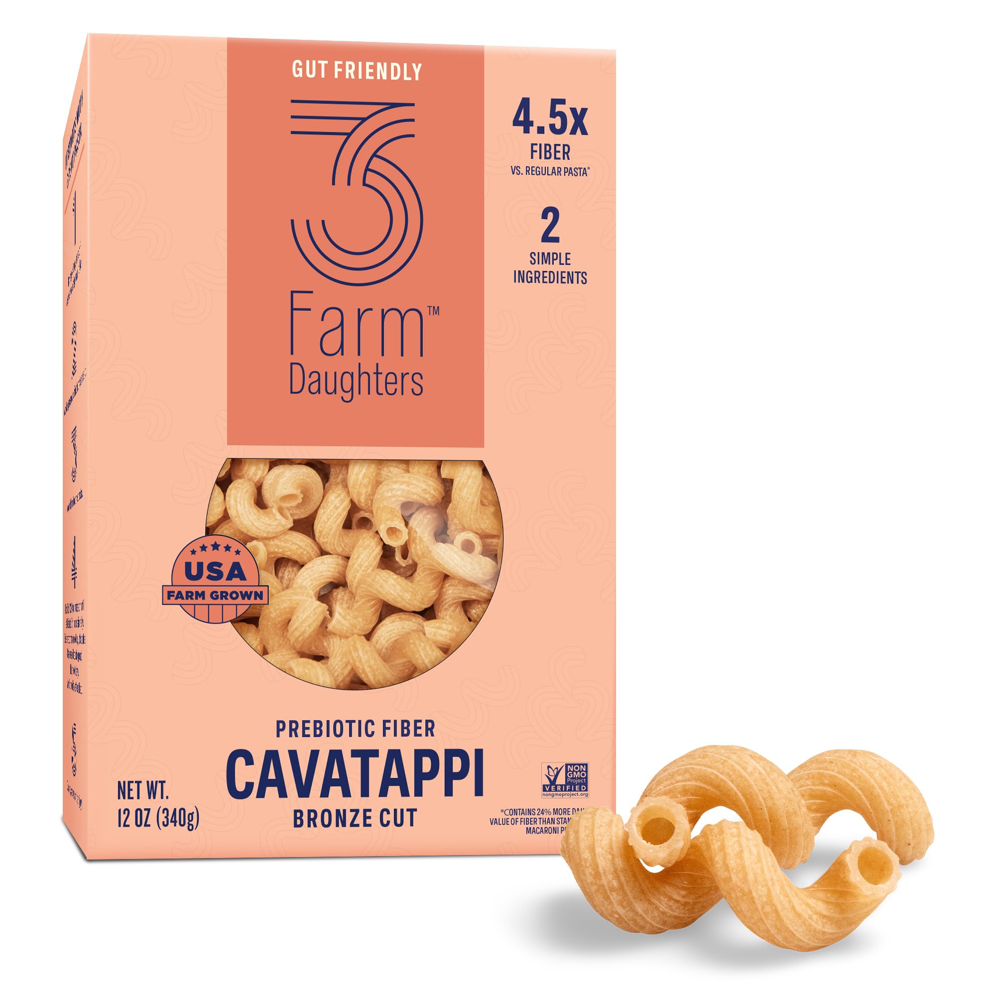 Three Farm Daughters High Fiber Pasta Cavatappi Pack, Low GI, Non GMO Cavatappi Pasta Noodles, Low Net Carb, Made in the USA, 12 oz. (1 Pack)