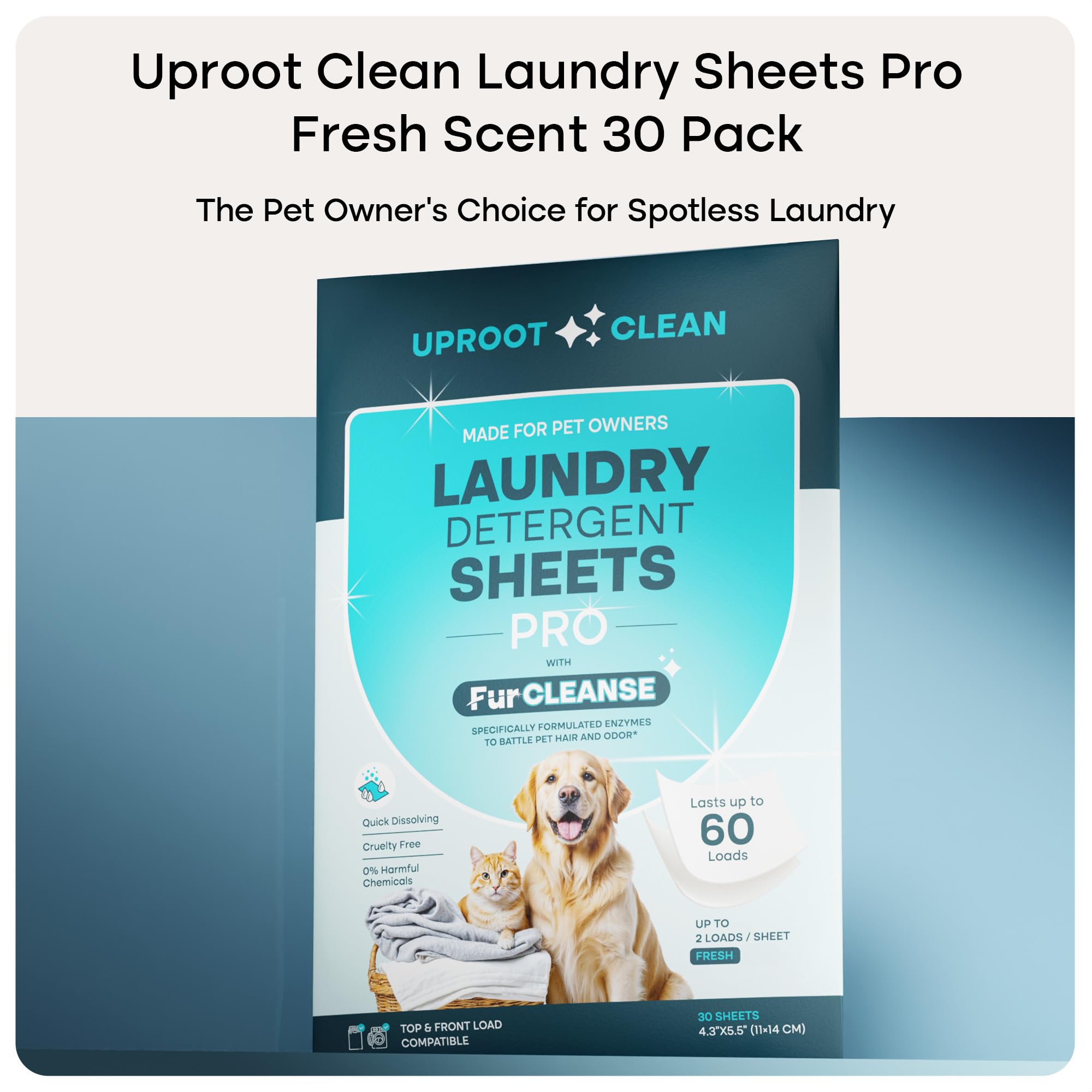 Uproot Clean Laundry Sheets Pro - 30 Pack - Fresh Scent: Mineral-Powered Laundry Detergent Sheets Travel Pack - Eliminate Clinging Fur, Pet Odors