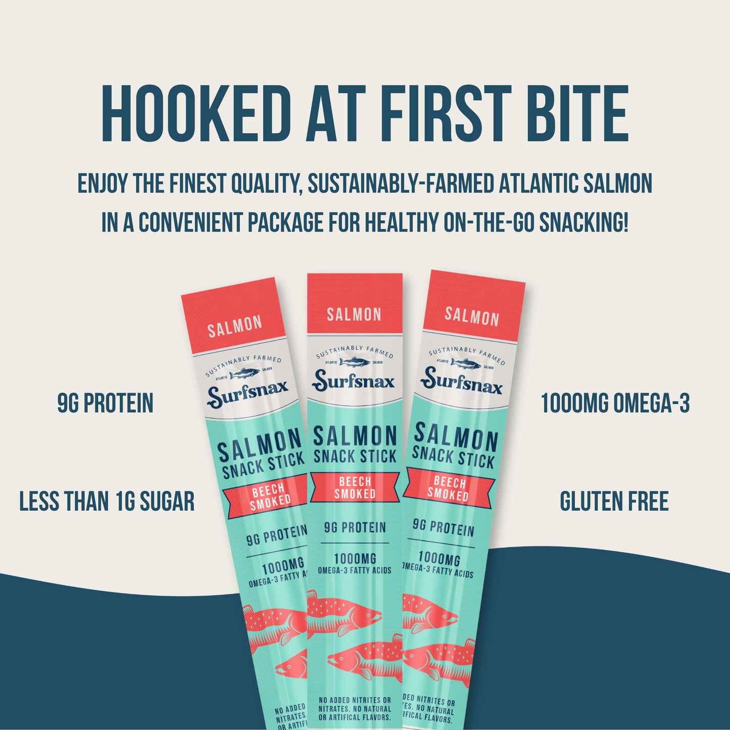 Surfsnax Salmon Jerky Snack Sticks - Sustainably Farmed Beechwood Smoked Salmon Jerky Snacks - High in Protein, Omega-3's, Keto, Paleo, Whole30, 10