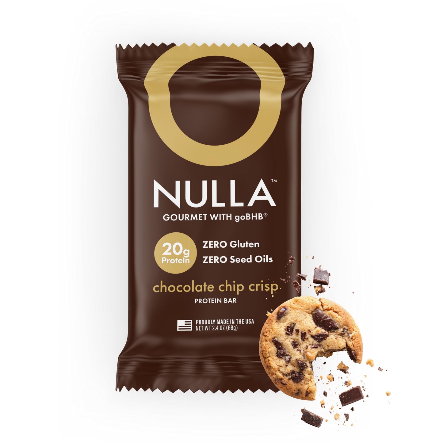 Nulla Gourmet Protein Bar with goBHB & Honey - Chocolate Chip Crisp - 20g Protein, Zero Seed Oils, Gluten Free, Dual-Fuel Performance Energy Snack