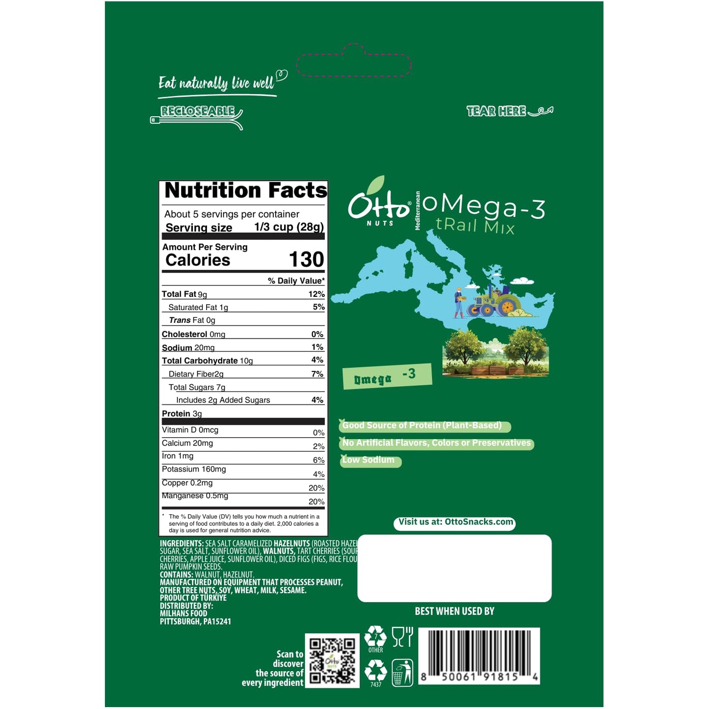 Otto Nuts - Mediterranean Omega-3 Trail Mix, NON-GMO Heart Healthy Dried Fruits & Nuts | 5 OZ with Resealable Bag