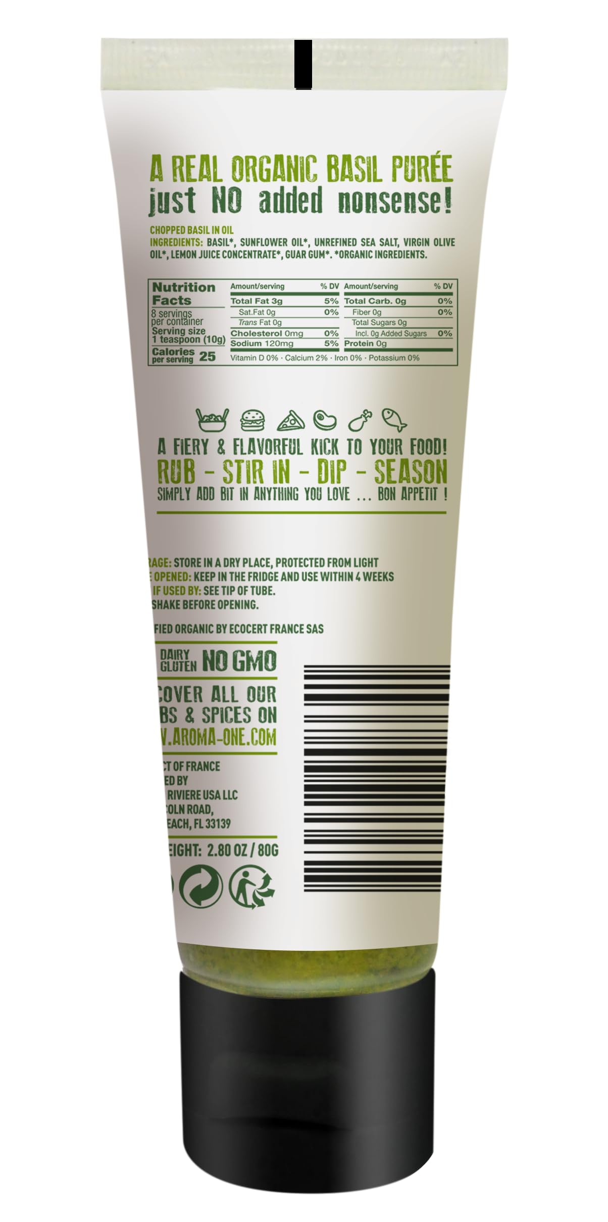 Aroma One Basil Puree Paste - Organic Herb Concentrate for Cooking, Seasoning & Sauces - Fresh Flavor Enhancer, Non-GMO, Gluten-Free, Vegan - Easy