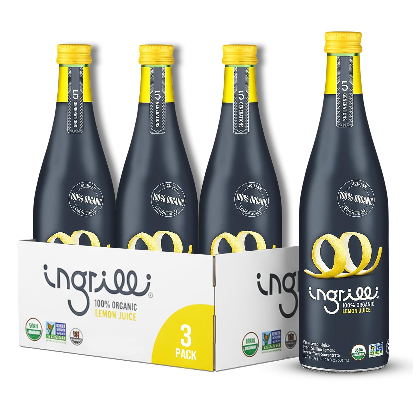 Ingrilli 100% Organic Lemon Juice, 16.9 Fl Oz Glass Bottle (Pack of 3)