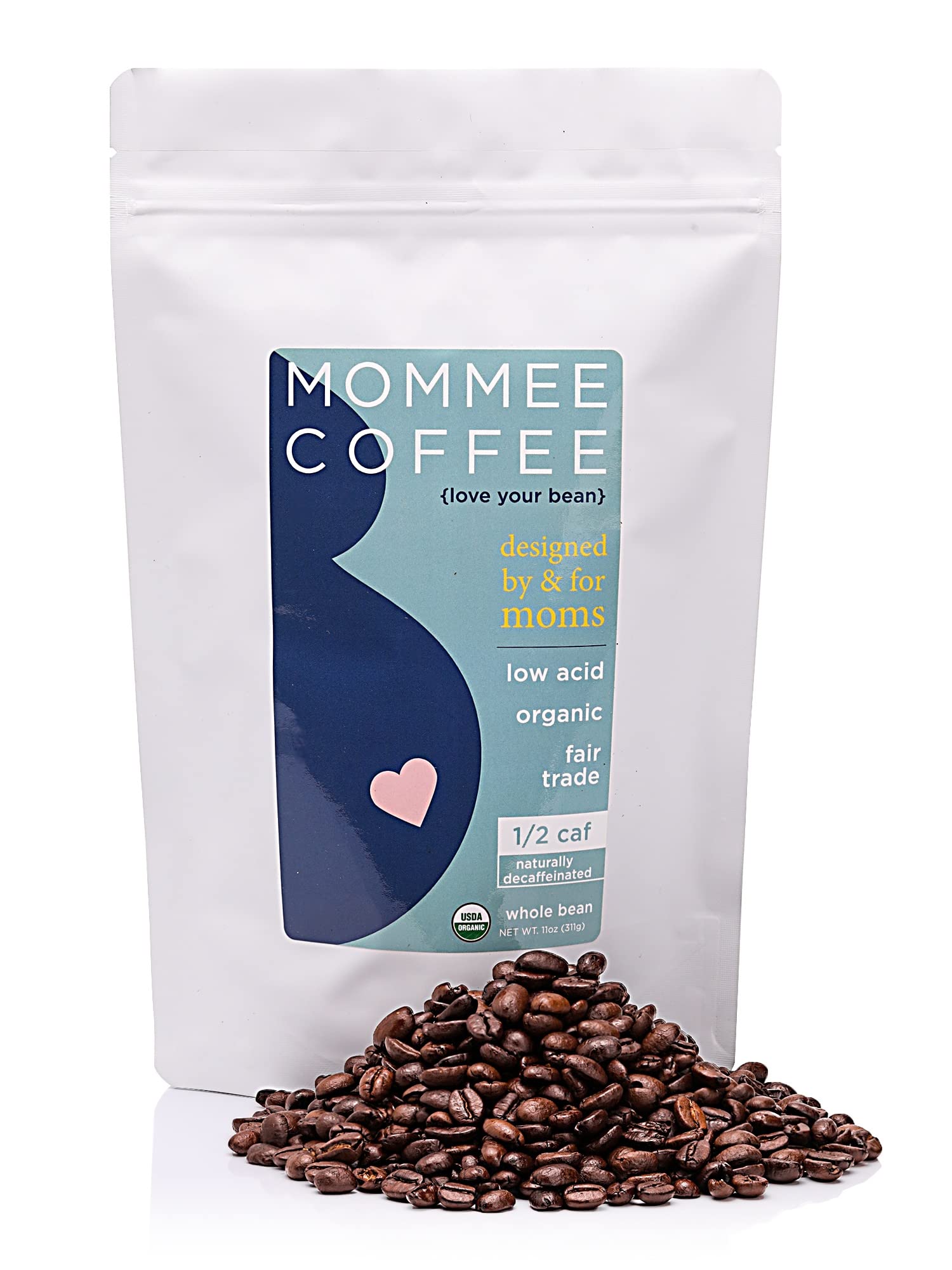Mommee Coffee Half Caf Low Acid Whole Organic Coffee Beans - 100% Arabica Organic Half Caff Coffee Beans with Smooth Caramel Flavor - Natural Process