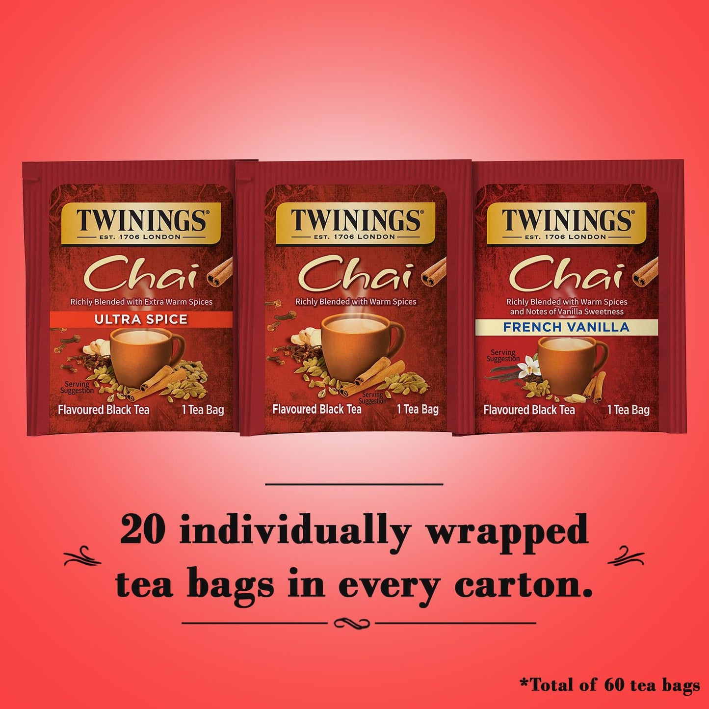 Twinings Chai Tea Variety 3-Pack - Chai, Ultra Spice Chai, and French Vanilla Chai, Caffeinated Black Tea Bags, 20 Count Each