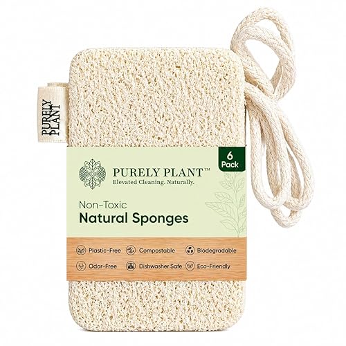 Purely Plant Loofah Dish Sponge 6 Pack-Non Toxic, 100% Plastic Free, Compostable & Biodegradable Premium Kitchen Scrubber, Plant Based, Non-Scratch