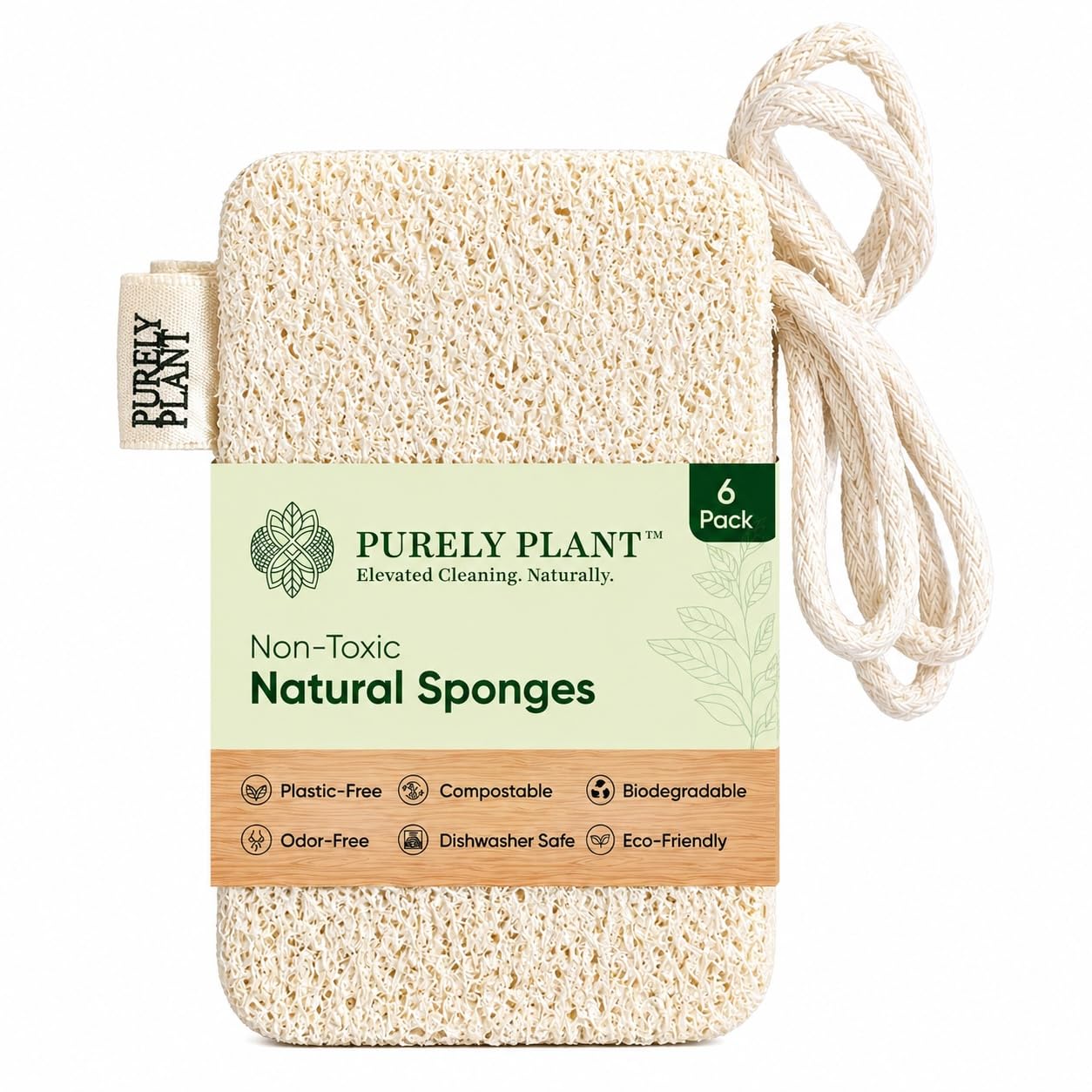 Purely Plant Loofah Dish Sponge 6 Pack-Non Toxic, 100% Plastic Free, Compostable & Biodegradable Premium Kitchen Scrubber, Plant Based, Non-Scratch