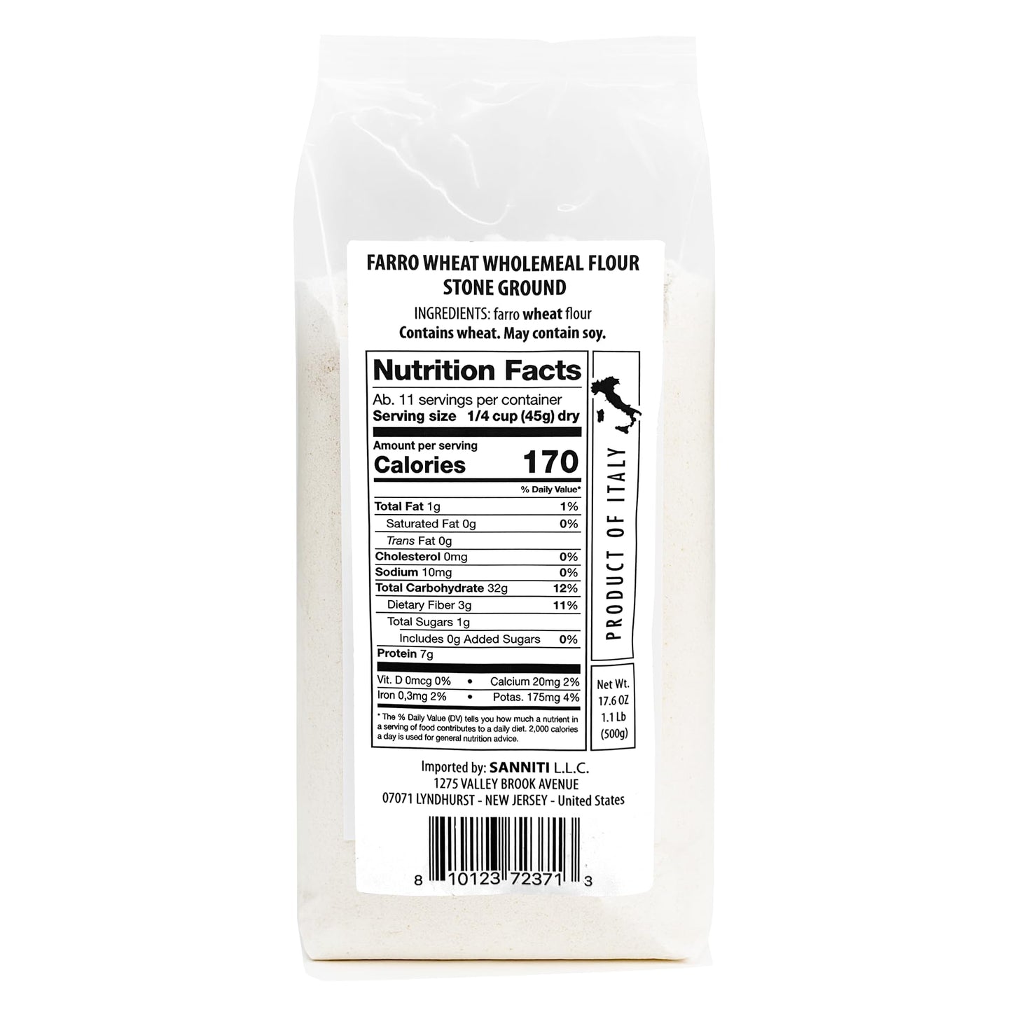 Sanniti Farro Wheat Wholemeal Flour, Stone Ground - 17.6 oz (500g) Bag - Premium Ancient Grain Flour, Product of Italy