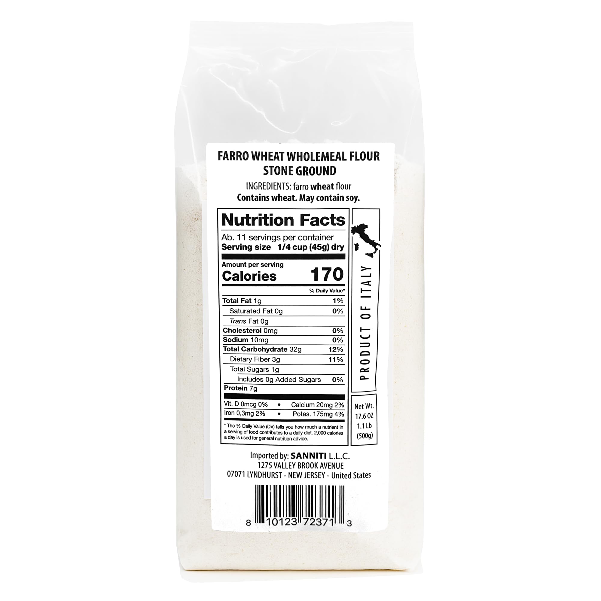 Sanniti Farro Wheat Wholemeal Flour, Stone Ground - 17.6 oz (500g) Bag - Premium Ancient Grain Flour, Product of Italy