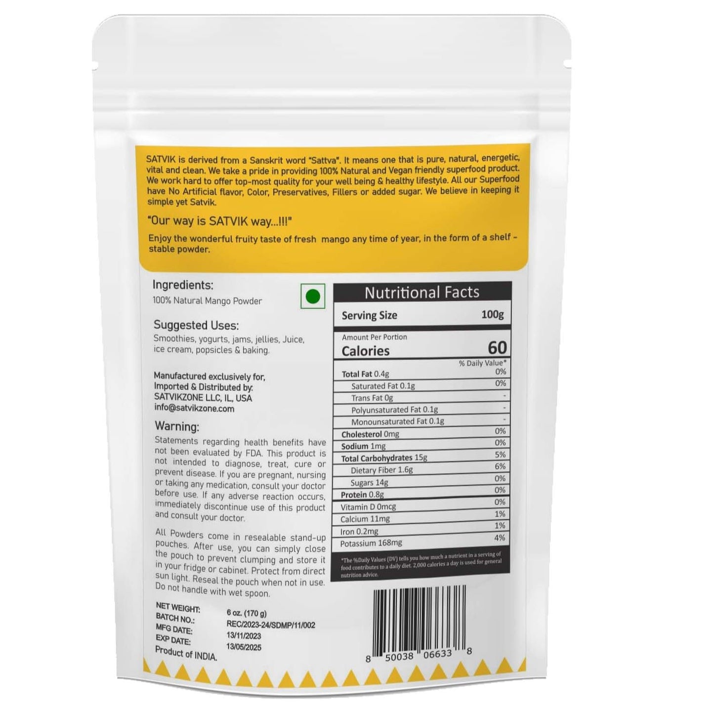 SATVIKZONE Mango Fruit Powder,100% Natural,Vegan Friendly,No Added Sugar,No Artificial Flavors/Colors/Preservatives,NON-GMO,Eco-friendly Standup