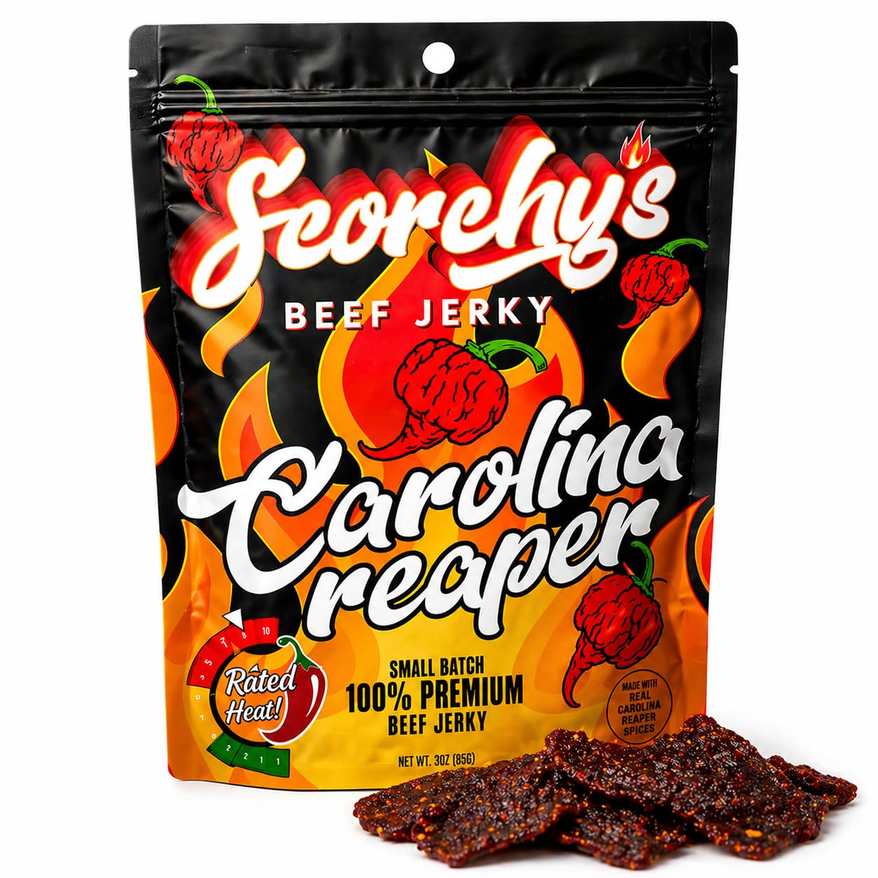 Scorchy's Jerky - Carolina Reaper Beef Jerky - Extreme Spicy Jerky, Made in USA, High Protein Snack, Low Carb, No MSG, Premium USDA Beef - Small Batch