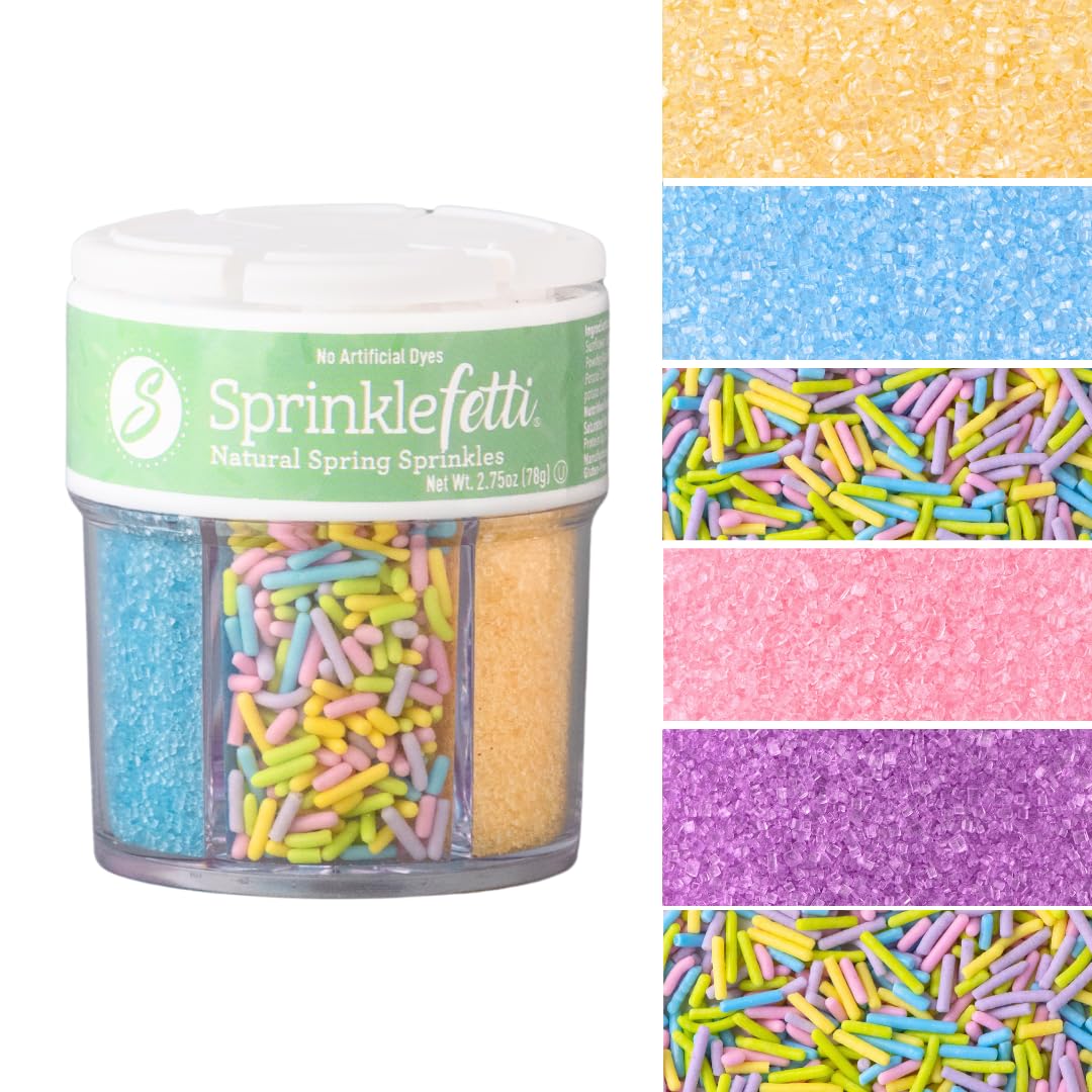 Sweets Indeed Dye Free Pastel Sprinkles 6 Cell, Yellow Blue Purple and Pink Sugar with Pastel Jimmies, No Artificial Dyes, Edible Cake Decorations