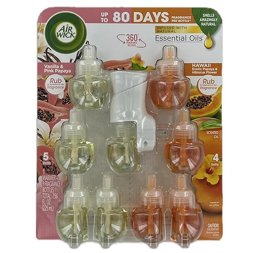Airwick Essential Oils Air Freshener, 1 Unit & 9 Refills (Pink Vanilla & Hawaii)