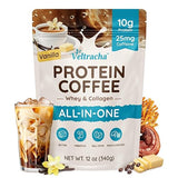 Veltracha Whey Protein Coffee, Collagen Protein Iced Coffee with Prebiotic Mushrooms & Butter, Natural Energy without Jitters - Decaf, No Artificial