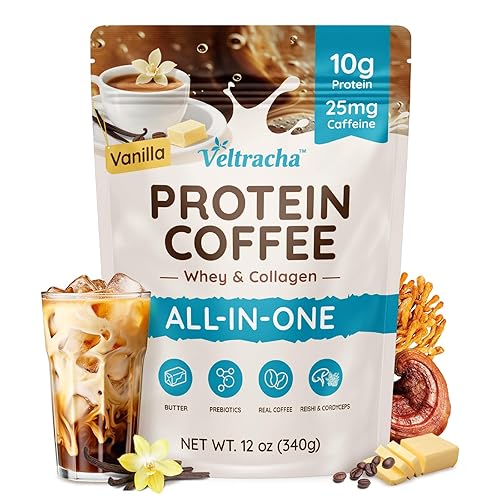 Veltracha Whey Protein Coffee, Collagen Protein Iced Coffee with Prebiotic Mushrooms & Butter, Natural Energy without Jitters - Decaf, No Artificial