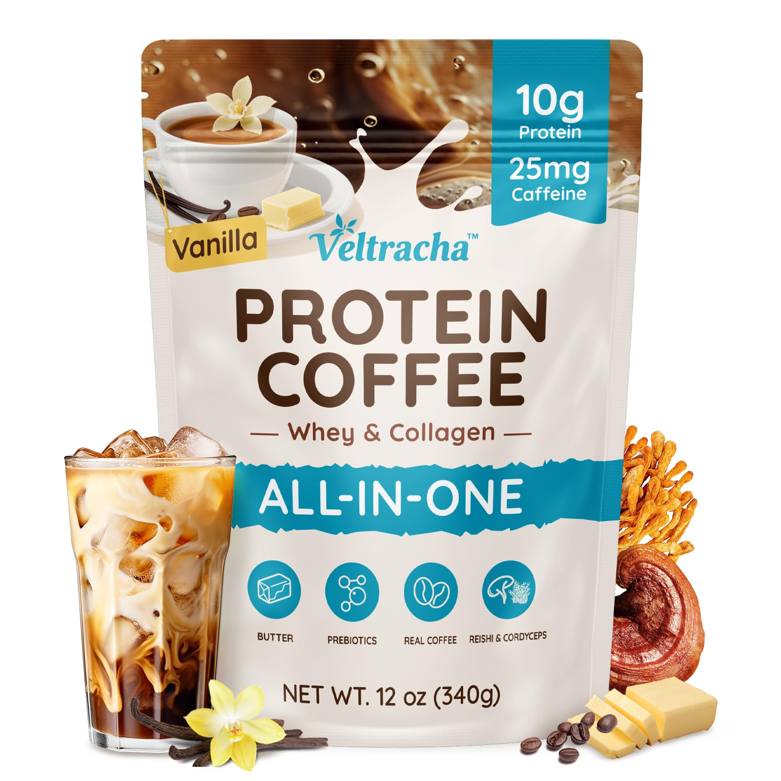 Veltracha Whey Protein Coffee, Collagen Protein Iced Coffee with Prebiotic Mushrooms & Butter, Natural Energy without Jitters - Decaf, No Artificial