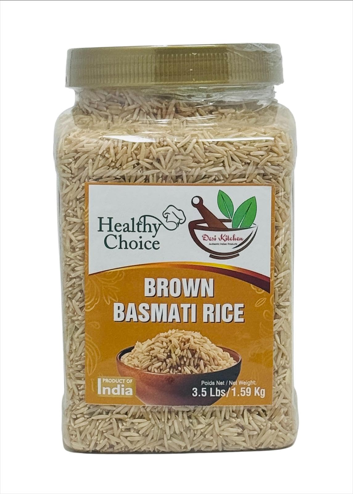 Desi Kitchen Brown Basmati Rice | 3.5 lbs (1.59kg) Jar | Healthy Whole Grain, Product of India