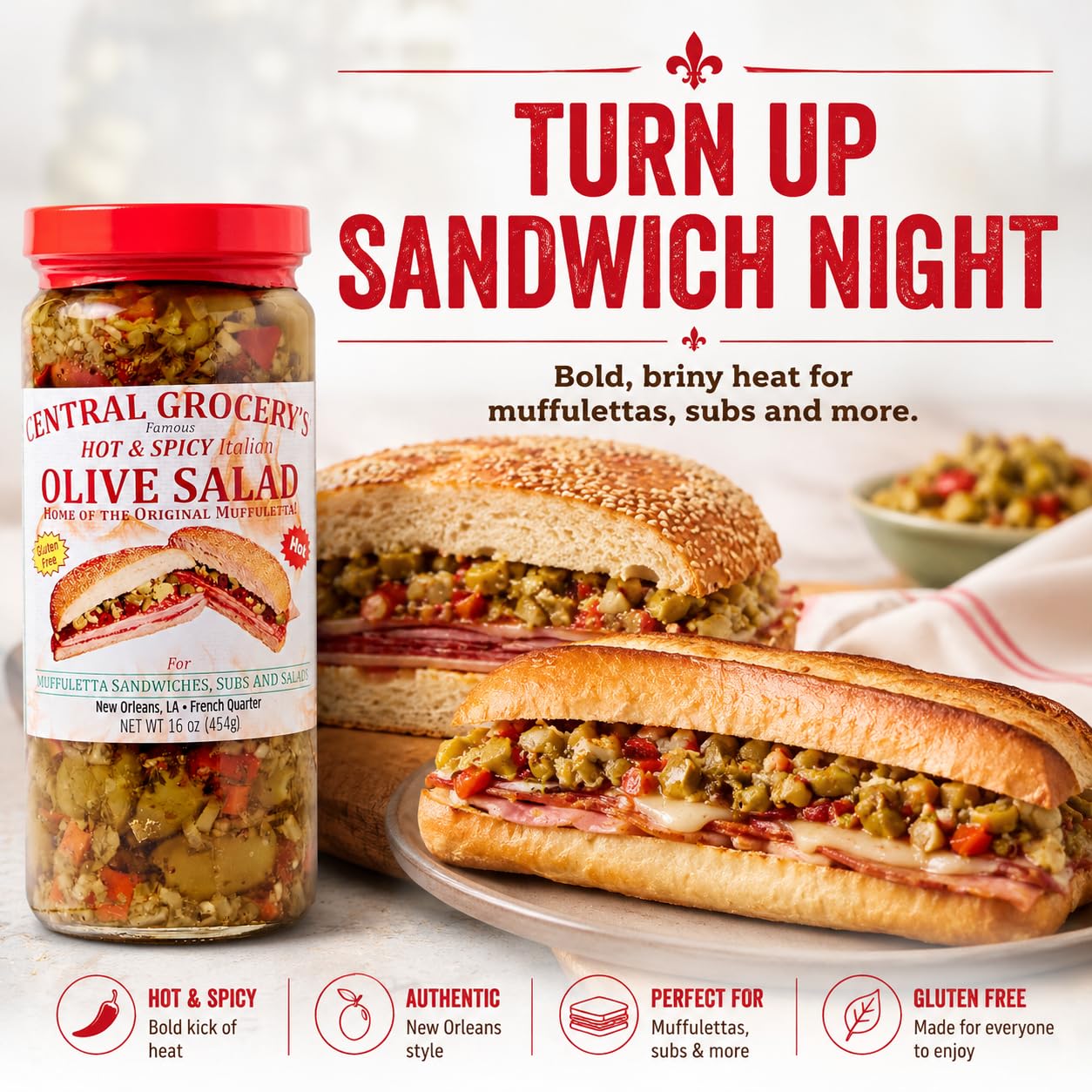 Central Grocery Hot & Spicy Olive Salad 16 oz, Authentic New Orleans Italian Olive Salad, Spicy Muffuletta Sandwich Spread, Olive Vegetable Relish