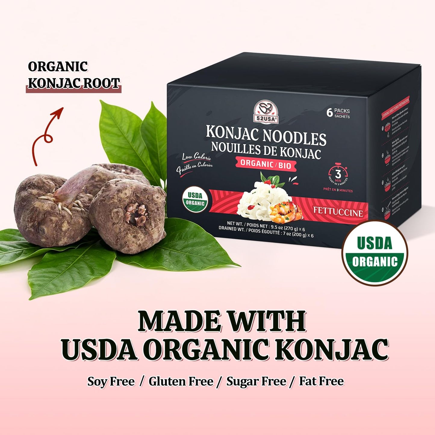 52USA USDA Organic Konjac Fettuccine Noodle, 6 Pack (52.8 oz Total) Low Carb Pasta Konjac Noodles, Keto and Paleo Friendly, Vegan, Gluten-Free