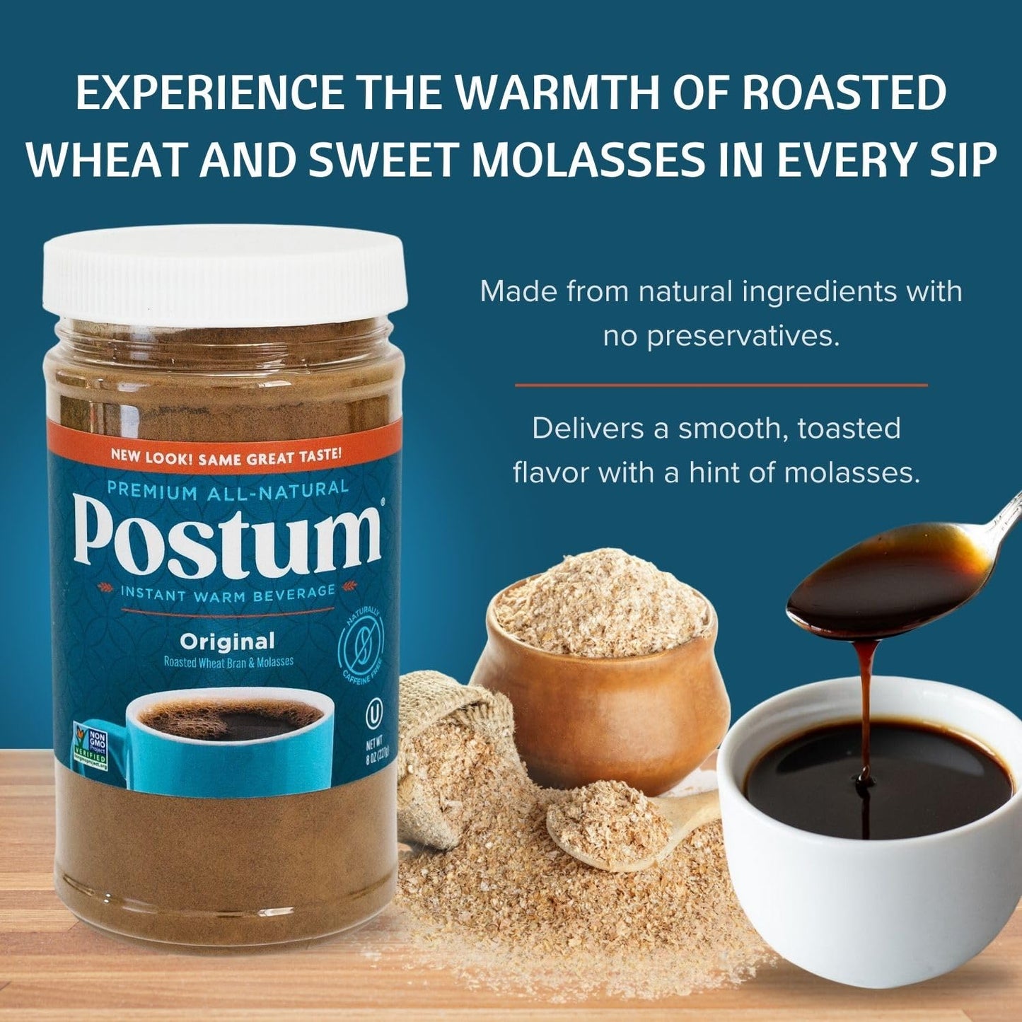 Postum Coffee Substitute Original (6x8oz) | Coffee Alternative Caffeine Free with Roasted Wheat Bran & Molasses | Natural, Non-GMO, Vegan Coffee