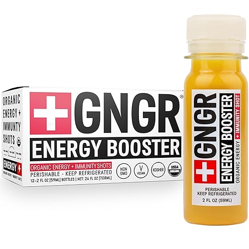 +GNGR Energy Booster - Organic Cold-Pressed Ginger Shot with Turmeric, Green Tea, Orange & Lemon Juice. Natural Energy Shot for Immune and Digestive