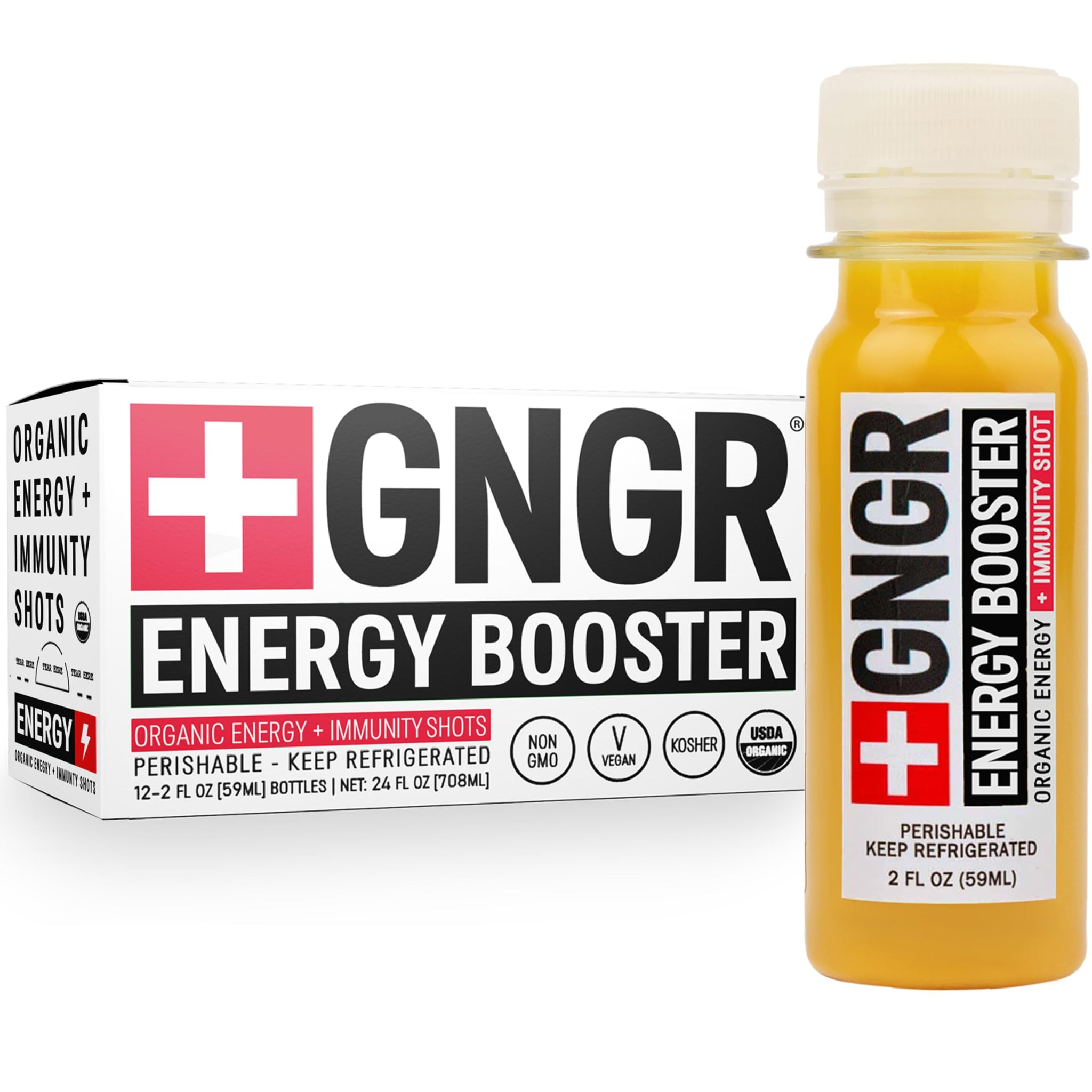 +GNGR Energy Booster - Organic Cold-Pressed Ginger Shot with Turmeric, Green Tea, Orange & Lemon Juice. Natural Energy Shot for Immune and Digestive