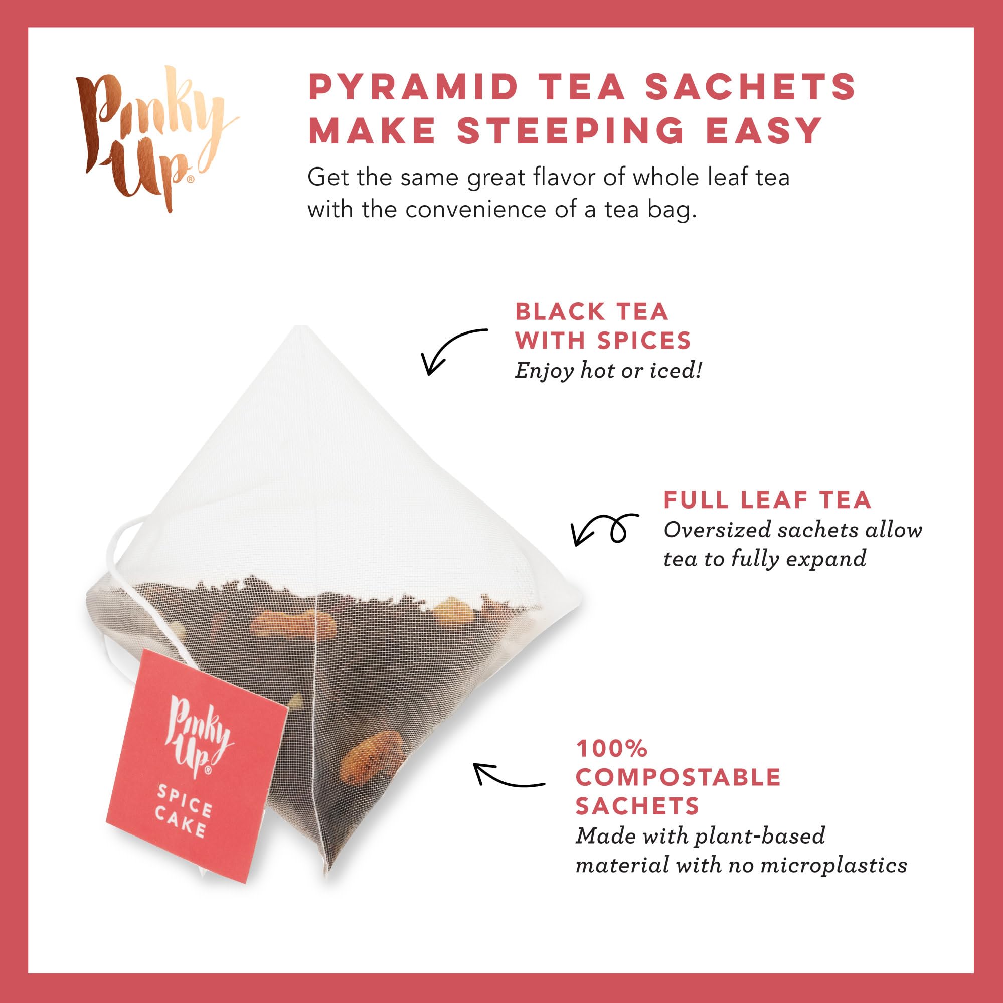 Pinky Up Spice Cake Black Tea, Full Leaf with Spices, Almond, Citrus & Bourbon Vanilla Extract, 15 Sachets, Orange Spice Tea, Rich, Warm Flavors, Self