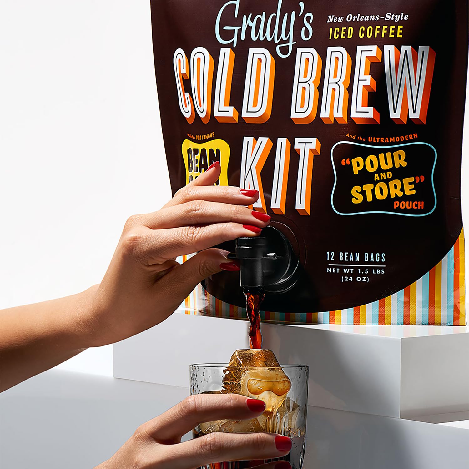 GRADY’S COLD BREW, New Orleans Style - DECAF, 100% Arabica Ground Coffee & Chicory Pouches, All-in-One Cold Brew Kit with 12 Easy-to-Brew Beans Bags