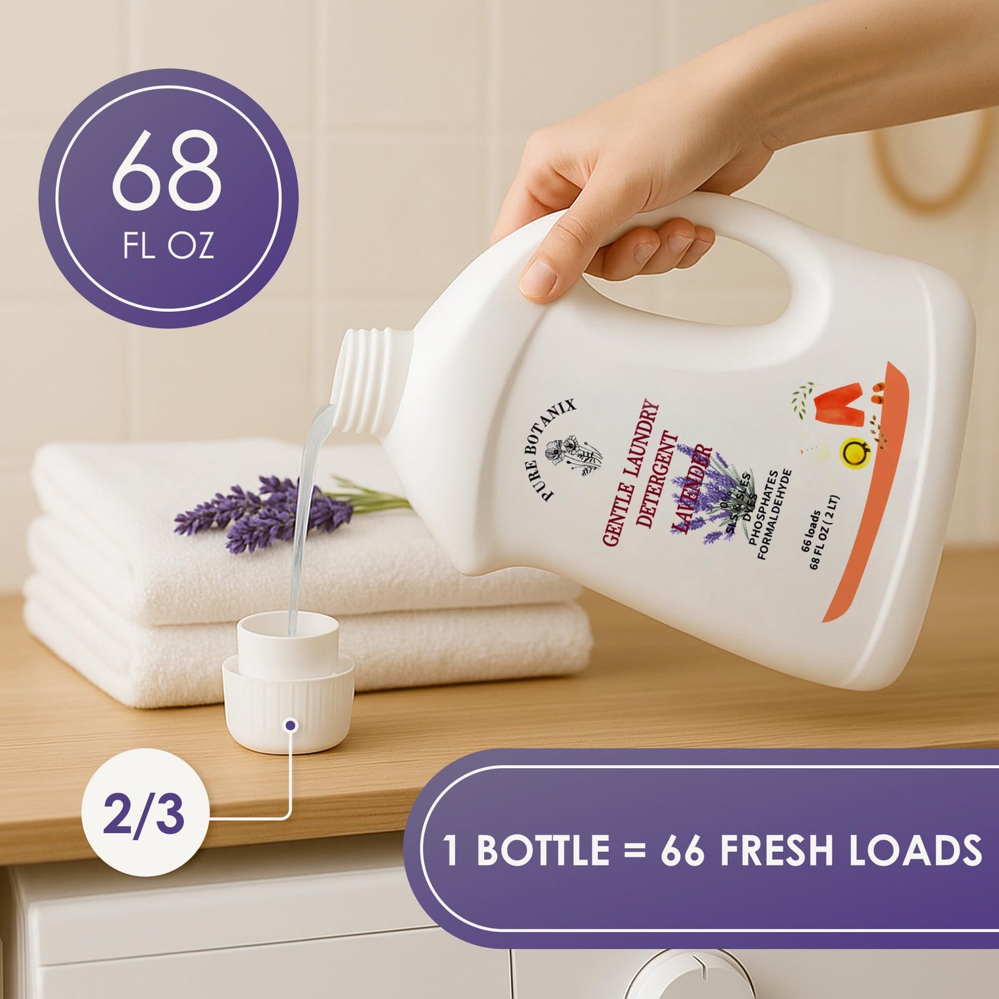 PURE BOTANIX Lavender Plant-Based Hypoallergenic Laundry Detergent, Gentle & Non-Toxic Soap for Sensitive Skin, EWG Verified, Concentrated, 68 Fl Oz |