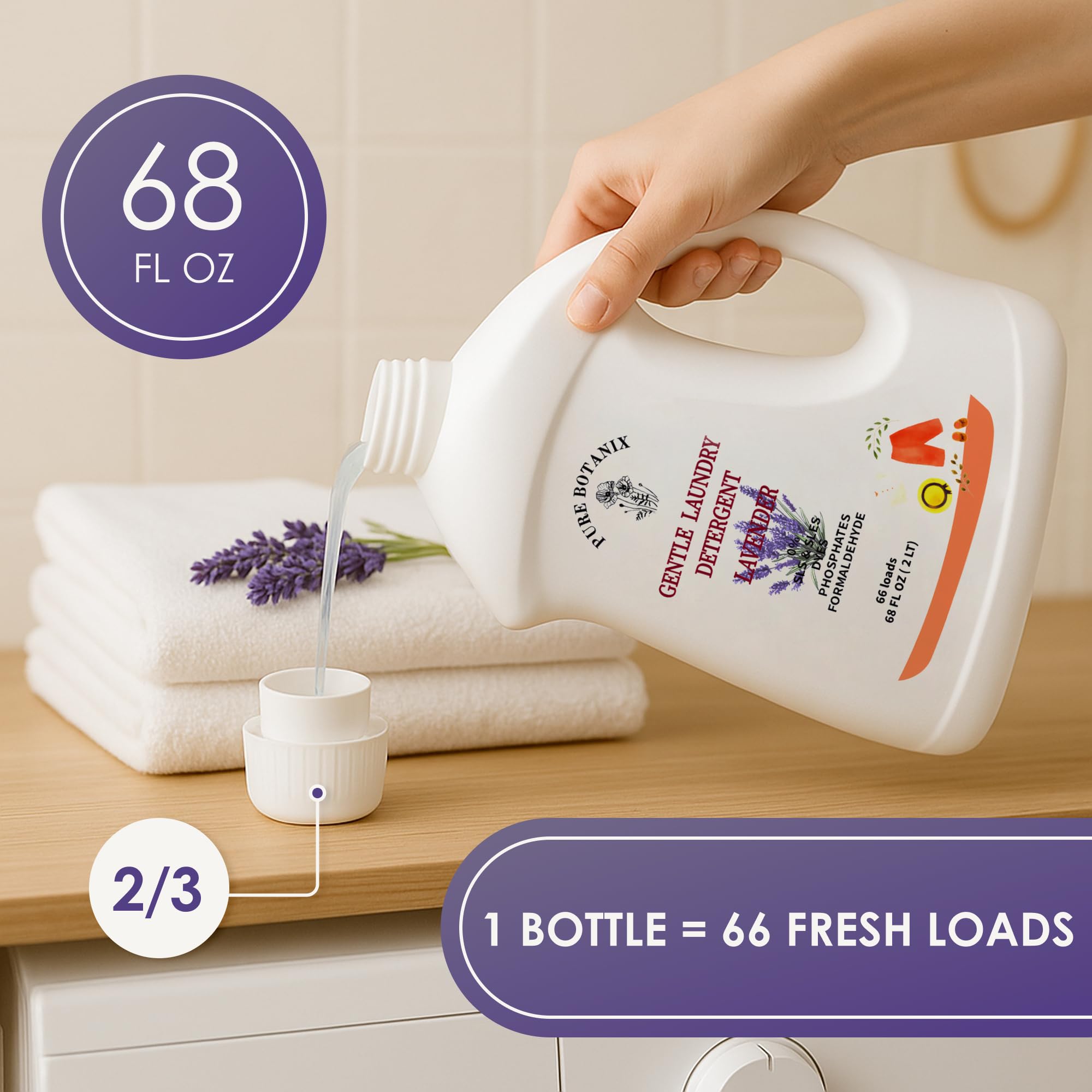PURE BOTANIX Lavender Plant-Based Hypoallergenic Laundry Detergent, Gentle & Non-Toxic Soap for Sensitive Skin, EWG Verified, Concentrated, 68 Fl Oz |