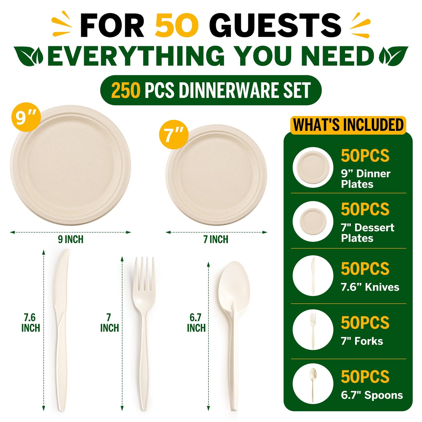 FEHHTO Compostable Paper Plates Set, 250PCS Disposable Heavy-Duty Sugarcane Plate and Eco-Friendly Utensil Biodegradable Dinnerware Plates, Extra Long