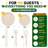 FEHHTO Compostable Paper Plates Set, 250PCS Disposable Heavy-Duty Sugarcane Plate and Eco-Friendly Utensil Biodegradable Dinnerware Plates, Extra Long