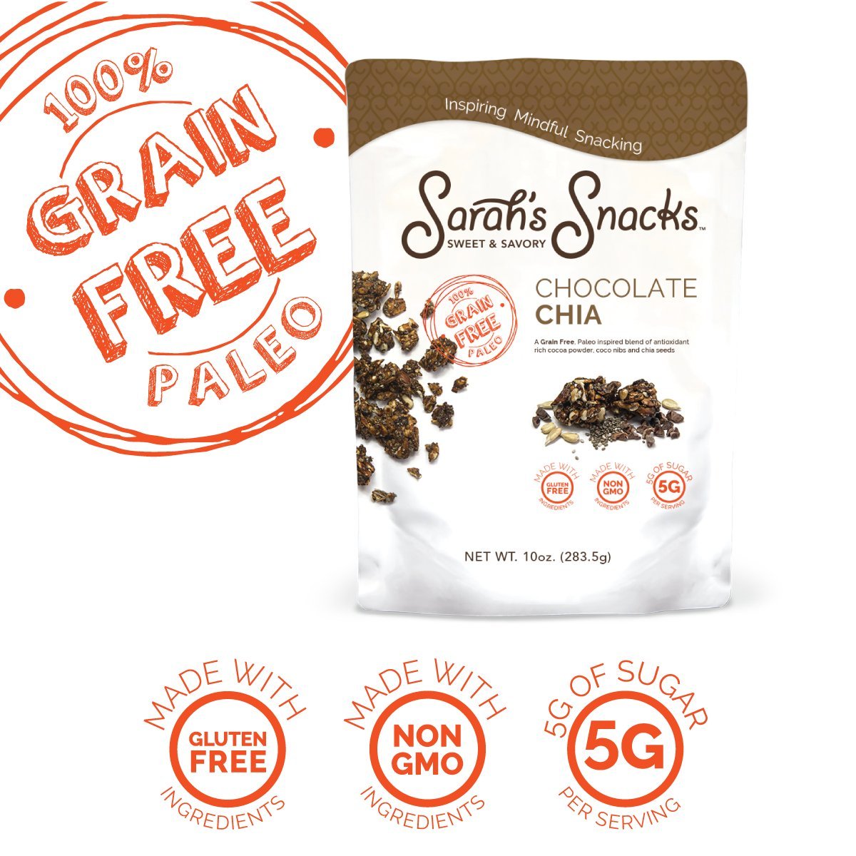 Sarah's Snacks Chocolate Chia Grain Free Granola | Paleo | Low Carb | No Refined Sugar | Gluten Free | Vegan | Dietitian Formulated | 10 oz Bag (Pack