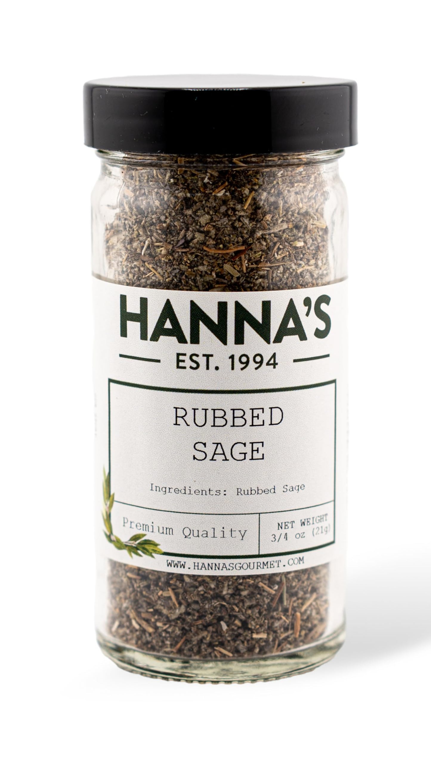 Hanna's Sage Rubbed, Herbs, Gourmet, Premium Quality, 4 fl oz Glass Jar